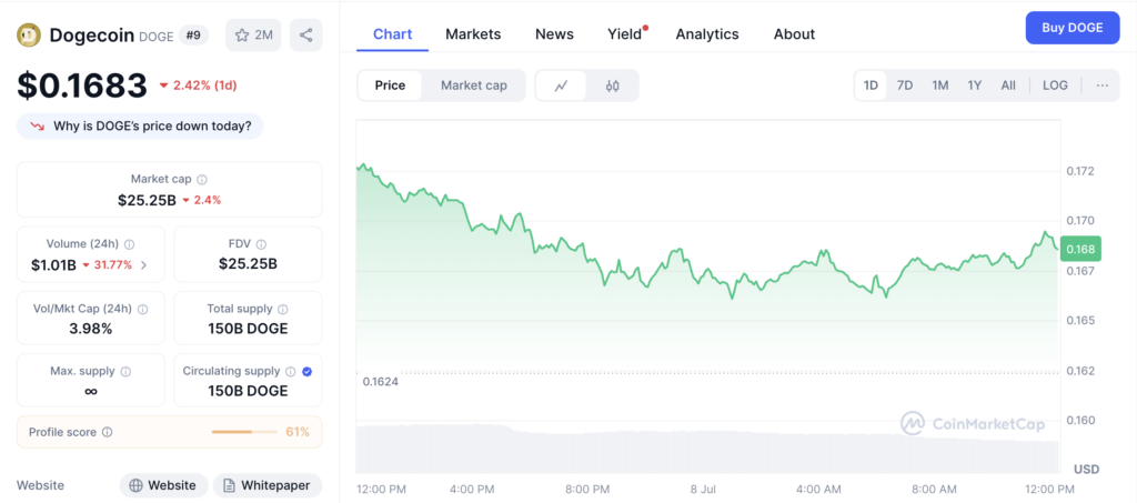 نمودار قیمت و اطلاعات بازار دوج کوین (DOGE) - منبع: CoinMarketCap